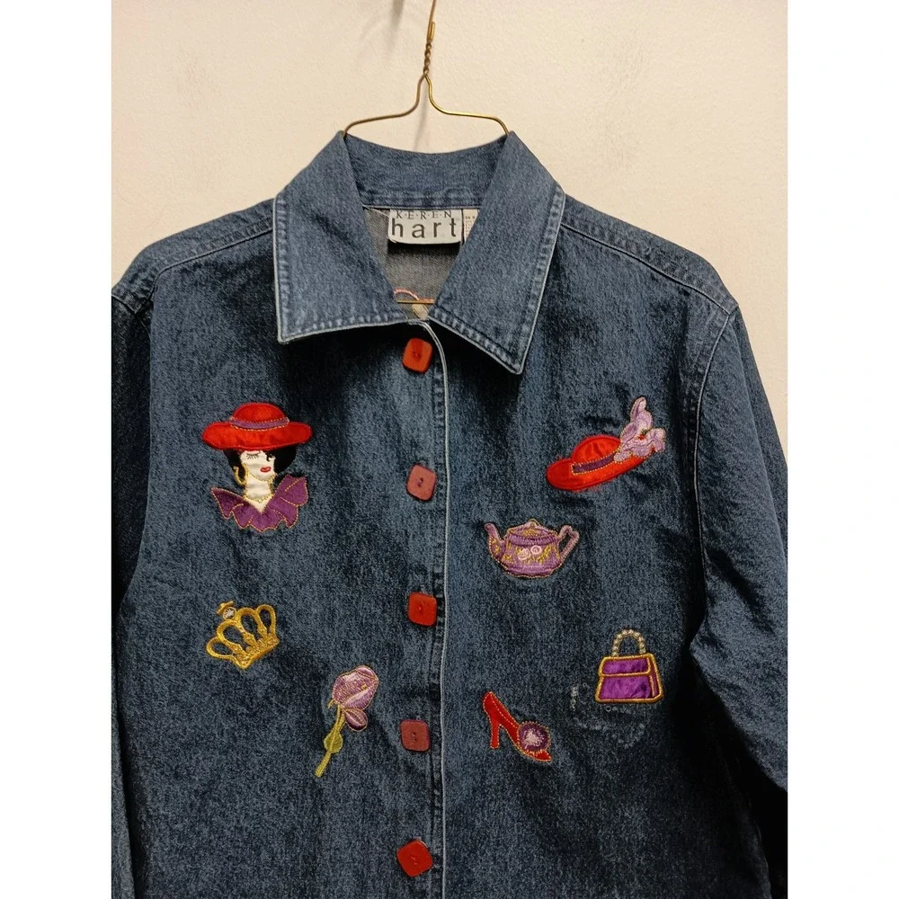 VTG 90s Keren Hart  Denim Jacket Womens Medium Blue Red Hat Embroidered Artsy